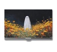 Jubonexis Porta biglietti da visita fantasia scura, motivo fantasma, giallo, arancione, sottile, in metallo, per donne e uomini