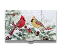 Jubonexis Porta biglietti da visita invernale con due uccelli su rami di pino, tascabile, sottile, in metallo, per donne e uomini