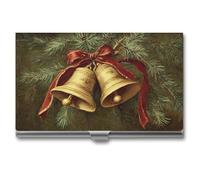 Jubonexis Porta biglietti da visita vintage con due campane dorate e nastro rosso, tasca sottile in metallo per donne e uomini