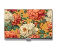 Jubonexis Porta biglietti da visita vintage floreale con peonie e rose su arancione, tascabile, sottile, in metallo, per donne e uomini