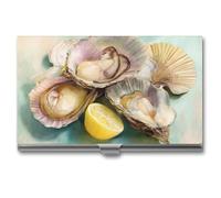 Jubonexis Portabiglietti da visita con gruppo di ostriche aperte e limone, tascabile, sottile, in metallo, per donne e uomini