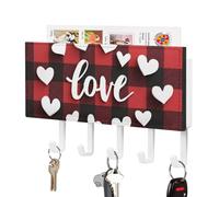 Jubonexis Portachiavi a forma di cuore di San Valentino con motivo a scacchi rosso e nero, per organizer da parete con 5 ganci, in acrilico, per casa, ufficio, ingresso