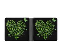Jubonexis Portafoglio bifold a forma di cuore con trifogli verdi con scintillii, in morbida pelle PU, portamonete e carte di credito, porta carte di credito sottile, per uomini e donne