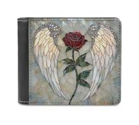 Jubonexis Portafoglio bifold con ali d'angelo in vetro colorato con rosa singola in morbida pelle PU, portamonete, porta carte di credito, portafoglio sottile per uomini e donne