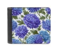 Jubonexis Portafoglio bifold con crisantemi blu con foglie verdi, in morbida pelle PU, portamonete e carte di credito, porta carte di credito sottile, per uomini e donne