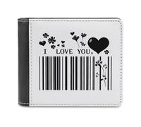 Jubonexis Portafoglio bifold con cuori e fiori con codici a barre I Love You, in morbida pelle PU, portamonete e carte di credito, porta carte di credito sottile, per uomini e donne