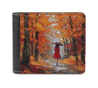 Jubonexis Portafoglio bifold con donna che cammina sul sentiero forestale autunnale in morbida pelle PU, portamonete e carte di credito, porta carte di credito sottile, per uomini e donne