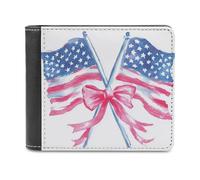Jubonexis Portafoglio bifold con due bandiere americane ad acquerello con fiocco da ragazza, in morbida pelle PU, portamonete e pass di credito, porta carte di credito sottile, per uomini e donne