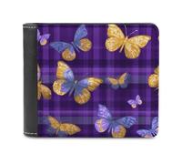 Jubonexis Portafoglio bifold con farfalle gialle blu su viola a scacchi in morbida pelle PU, portamonete e carte di credito, porta carte di credito sottile, per uomini e donne