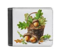 Jubonexis Portafoglio bifold con ghiande acquerellate in cestino di legno, in morbida pelle PU, portamonete, porta carte di credito, portafoglio sottile per uomini e donne