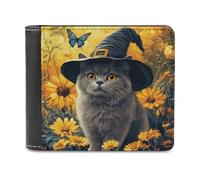 Jubonexis Portafoglio bifold in morbida pelle PU con cappello da strega, gatto, fiori gialli, farfalla, portamonete, porta carte di credito, sottile, per uomini e donne