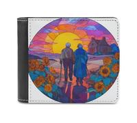 Jubonexis Portafoglio bifold in morbida pelle PU con coppia di anziani che camminano girasoli, portamonete porta carte di credito, portafoglio sottile per uomini e donne