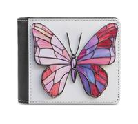 Jubonexis Portafoglio bifold in morbida pelle PU con farfalla rosa con ali rosse in vetro colorato, portamonete, porta carte di credito, sottile, per uomini e donne