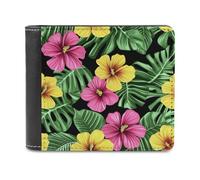 Jubonexis Portafoglio bifold in morbida pelle PU con fiori tropicali, rosa, verde, giallo, portamonete, porta carte di credito, sottile, per uomini e donne