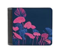 Jubonexis Portafoglio bifold in morbida pelle PU con foglie tropicali, blu scuro e rosa, portamonete, porta carte di credito, sottile, per uomini e donne