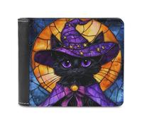 Jubonexis Portafoglio bifold in morbida pelle PU con gattino nero e cappello da strega viola, portamonete, porta carte di credito, portafoglio sottile per uomini e donne
