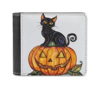 Jubonexis Portafoglio bifold in morbida pelle PU con gatto nero e zucca arancione in vetro colorato, portamonete e carte di credito, porta carte di credito sottile, per uomini e donne