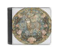 Jubonexis Portafoglio bifold in morbida pelle PU con motivo floreale con cervi in vetro colorato, portamonete, porta carte di credito, sottile, per uomini e donne