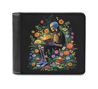 Jubonexis Portafoglio bifold in morbida pelle PU con scheletro che legge con fiori, portamonete e carte di credito, porta carte di credito sottile, per uomini e donne