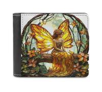 Jubonexis Portafoglio bifold in morbida pelle PU giallo arancione fata seduta sul tronco della foresta, portamonete e carte di credito, portafoglio sottile resistente per uomini e donne
