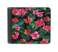 Jubonexis Portafoglio bifold in morbida pelle PU rosa con fiori tropicali di ibisco e foglie di palma, portamonete, porta carte di credito, sottile, per uomini e donne