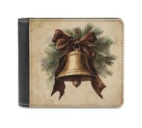 Jubonexis Portafoglio bifold rustico natalizio in ottone anticato con campanella, in morbida pelle PU, portamonete, porta carte di credito, sottile, per uomini e donne
