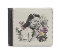 Jubonexis Portafoglio bifold vintage con ragazza con fiori primaverili in morbida pelle PU, portamonete e carte di credito, porta carte di credito sottile, per uomini e donne