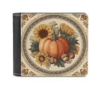 Jubonexis Portafoglio bifold vintage con zucca, girasoli e ghiande, in morbida pelle PU, portamonete, porta carte di credito, sottile, per uomini e donne