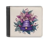 Jubonexis Portafoglio bifold viola con campanella natalizia con foglie di agrifoglio, in morbida pelle PU, portamonete, porta carte di credito, sottile, per uomini e donne