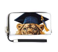 Jubonexis Portafoglio lungo bifold con leone che indossa un berretto da laurea nero, in pelle PU, portamonete, porta carte di credito, porta carte di credito e denaro per donne e uomini