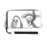 Jubonexis Portafoglio lungo bifold con scheletro cowboy che tiene lo specchio guardando la pochette in pelle PU, portamonete e carte di credito, porta carte di credito e denaro per donne e uomini