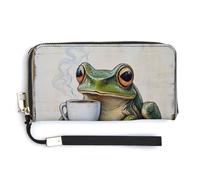 Jubonexis Portafoglio lungo bifold in pelle ecologica in poliuretano, con rana verde su un mucchio di libri pesanti, portamonete, porta carte di credito, porta carte di credito e denaro per donne e