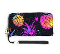 Jubonexis Portafoglio lungo bifold in pelle PU con ananas al neon, portamonete, porta carte di credito, porta carte di credito e denaro per donne e uomini