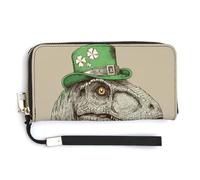 Jubonexis Portafoglio lungo bifold in pelle PU con cappello da leprechaun verde con dinosauro, portamonete, porta carte di credito, porta carte di credito e denaro per donne e uomini