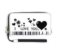 Jubonexis Portafoglio lungo bifold in pelle PU con cuori e fiori con codici a barre I Love You, portamonete e carte di credito, resistente porta carte di credito per donne e uomini