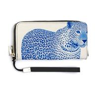 Jubonexis Portafoglio lungo bifold in pelle PU con disegno leopardato blu, portamonete, porta carte di credito, porta carte di credito e denaro per donne e uomini