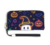 Jubonexis Portafoglio lungo bifold in pelle PU con fantasma di Halloween al neon con zucche, portamonete, porta carte di credito, porta carte di credito e denaro per donne e uomini