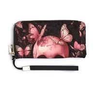 Jubonexis Portafoglio lungo bifold in pelle PU con farfalle e rose con teschio, portamonete, porta carte di credito, porta carte di credito e denaro per donne e uomini