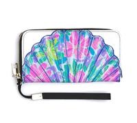 Jubonexis Portafoglio lungo bifold in pelle PU con fiocco floreale tropicale con conchiglie al neon, portamonete e pass di credito, porta carte di credito e denaro per donne e uomini
