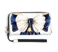 Jubonexis Portafoglio lungo bifold in pelle PU con fiocco in velluto blu navy con fiocco bianco e campanella dorata, portamonete e pass di credito, resistente porta carte di credito per donne e uomini