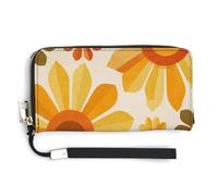 Jubonexis Portafoglio lungo bifold in pelle PU con fiori arancioni e gialli della metà del secolo, portamonete e pass di credito, resistente porta carte di credito per donne e uomini