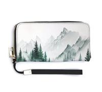 Jubonexis Portafoglio lungo bifold in pelle PU con foresta nebbiosa ad acquerello con montagne, portamonete, porta carte di credito, porta carte di credito resistente per donne e uomini