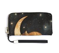 Jubonexis Portafoglio lungo bifold in pelle PU con gatto marrone che dorme sulla luna crescente, portamonete e carte di credito, porta carte di credito e denaro per donne e uomini