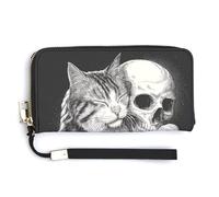 Jubonexis Portafoglio lungo bifold in pelle PU con gatto soriano che abbraccia uno scheletro, portamonete e carte di credito, porta carte di credito e denaro per donne e uomini