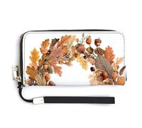 Jubonexis Portafoglio lungo bifold in pelle PU con ghirlanda di foglie autunnali e ghiande, portamonete, porta carte di credito, porta carte di credito resistente, per donne e uomini