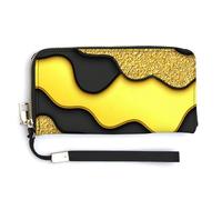 Jubonexis Portafoglio lungo bifold in pelle PU con linee ondulate nere astratte dorate, portamonete e carte di credito, custodia per carte di credito e denaro per donne e uomini