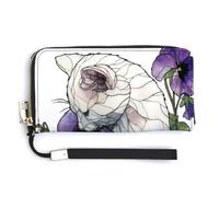 Jubonexis Portafoglio lungo bifold in pelle PU con motivo a fiori di gatto bianco viola del pensiero, portamonete e carte di credito, porta carte di credito e denaro per donne e uomini