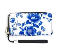 Jubonexis Portafoglio lungo bifold in pelle PU con motivo floreale blu e bianco, portamonete e carte di credito, porta carte di credito e denaro per donne e uomini
