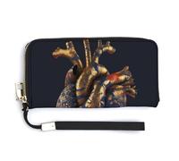Jubonexis Portafoglio lungo bifold in pelle PU con motivo floreale dorato con cuore umano, portamonete e pass di credito, resistente porta carte di credito per donne e uomini