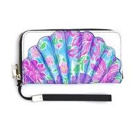 Jubonexis Portafoglio lungo bifold in pelle PU con motivo floreale tropicale con conchiglie al neon, portamonete, porta carte di credito, porta carte di credito e denaro per donne e uomini